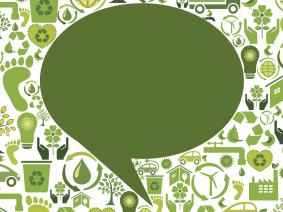 speech bubble over background of green economy icons