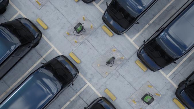 Concept of an aerial view of an electric fleet and chargers.