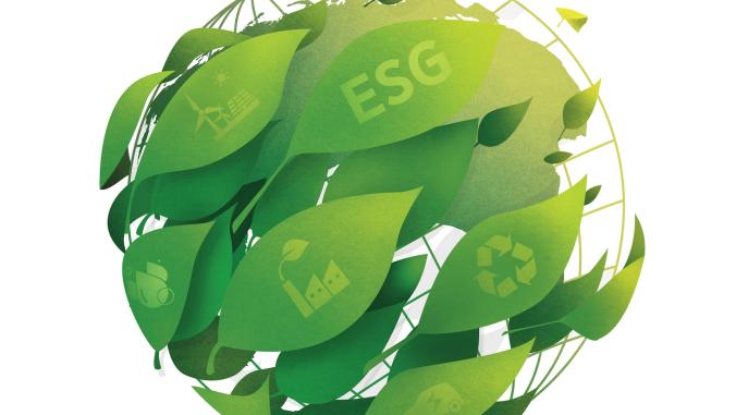 Globe covered in green leaves with sustainability icons, including ESG 
