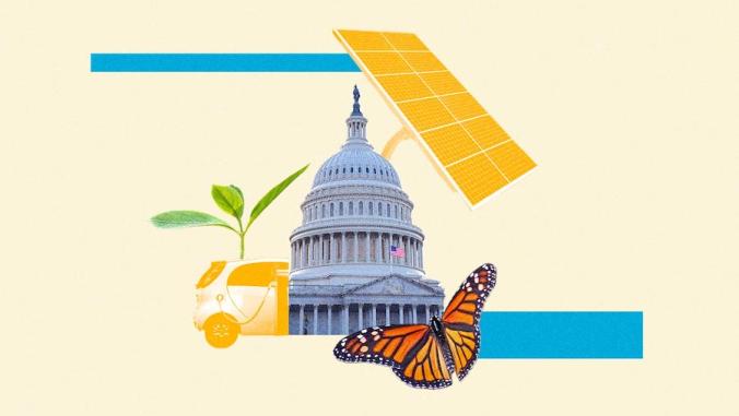 A collage of the U.S. Capitol, an electric car, a butterfly, a solar panel and a plant