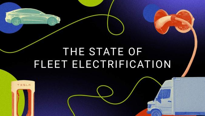 EV charging station, car and truck with "the state of fleet electrification" in text