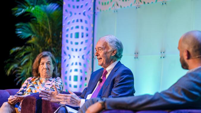 From left: Mindy Lubber, Ed Markey, Grant Harrison during a keynote panel at GreenFin 23