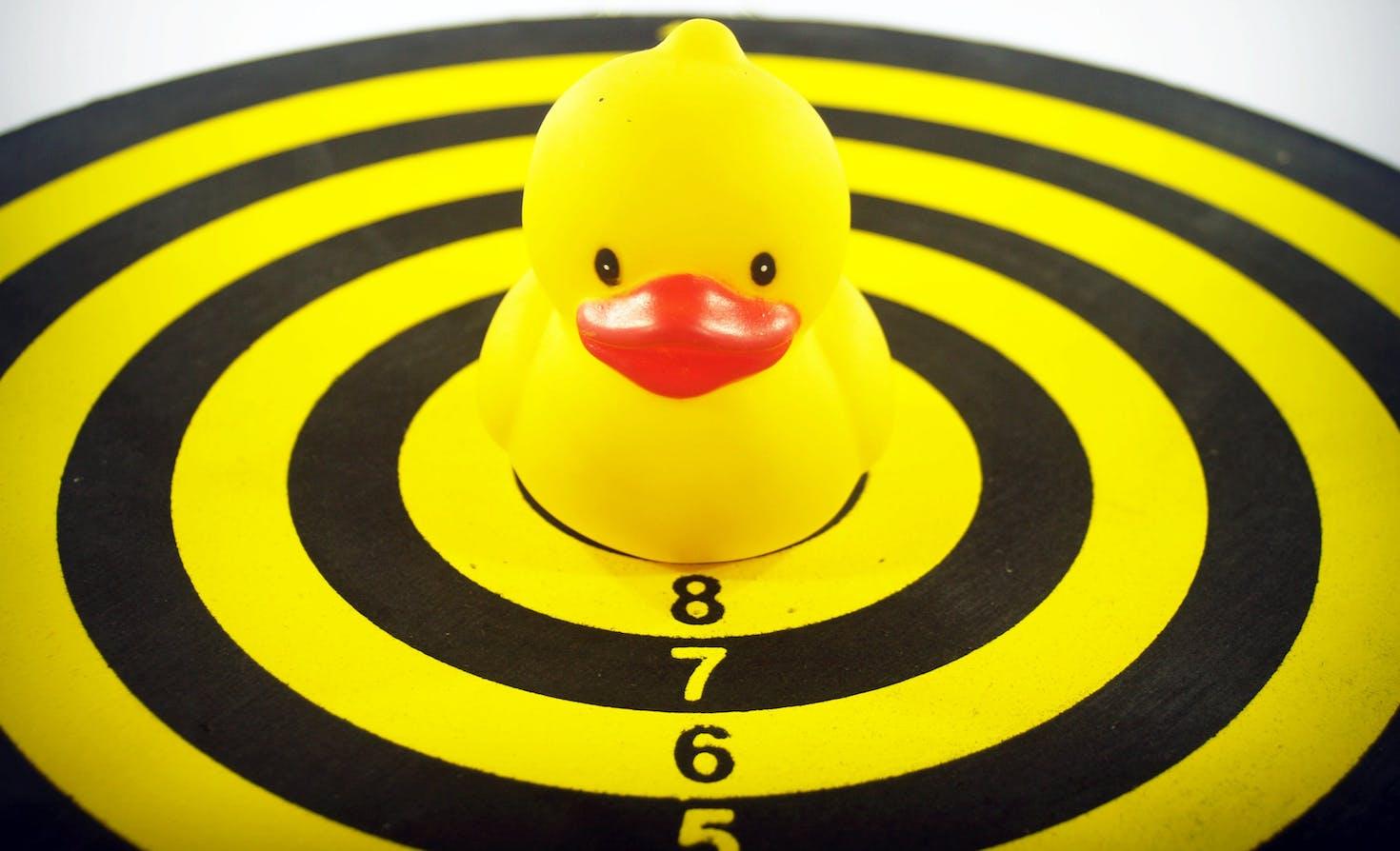 A plastic duck sits inside a target.