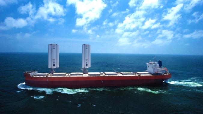 A picture of a cargo ship with state of the art WindWing sails