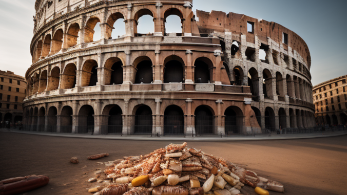 Food pile in front of Roman Colosseum 